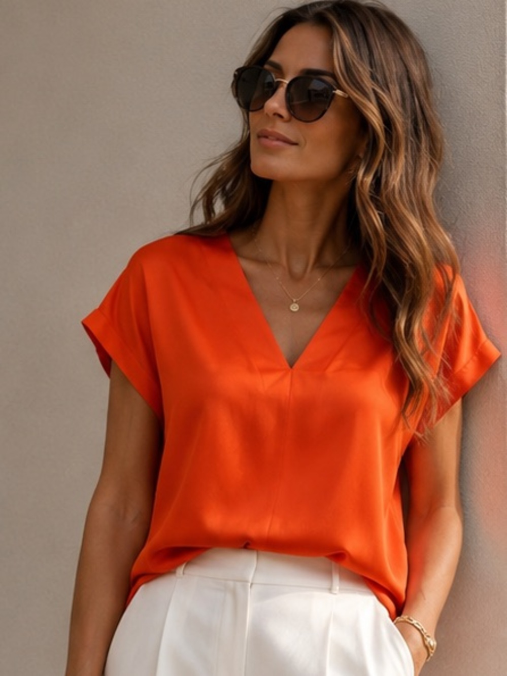 COS 100% Silk V-Neck Short Sleeve Women's Top in Orange Red